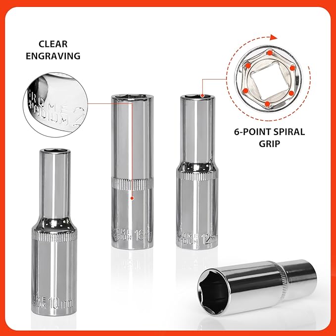 Egofine 10PCS 1/2” Drive Deep Socket Set,Metric Socket Set(10mm-21mm,6 Point Socket Set With Hanging Bracket,Cr-V Steel