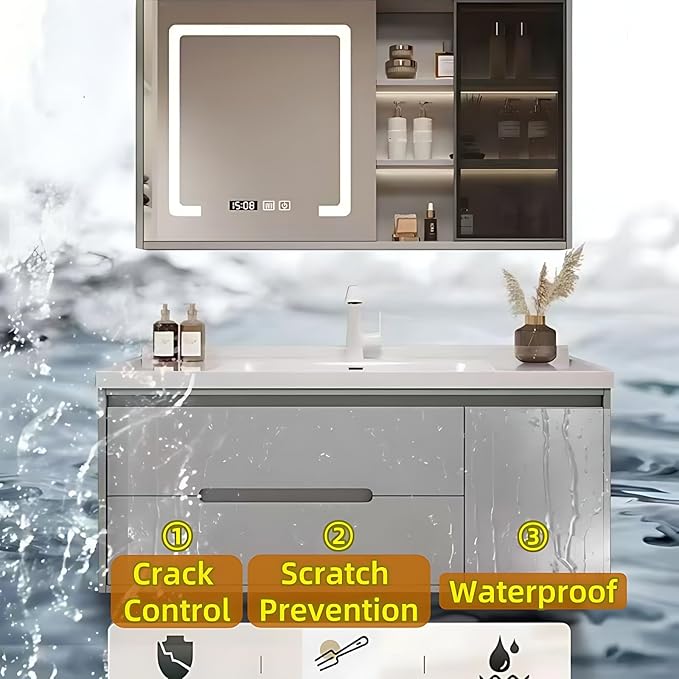 44in Elegant Bathroom Vanity with Sinks - Wall-Mounted Cream Medicine Cabinet for Bathroom, Featuring an Intelligent Defogging Mirror & LED Lighting | 2 Drawers