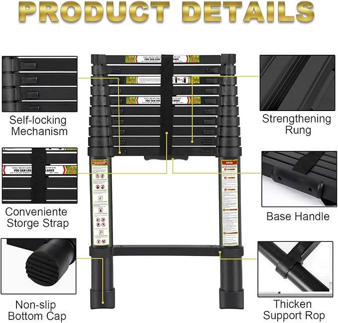RIKADE Telescoping Ladder 8.5FT & Attic Ladder, Heavy Duty Aluminum with Non-Slip Feet, 330lb Capacity for RV, Attic, Roof & Multi-Surface Use