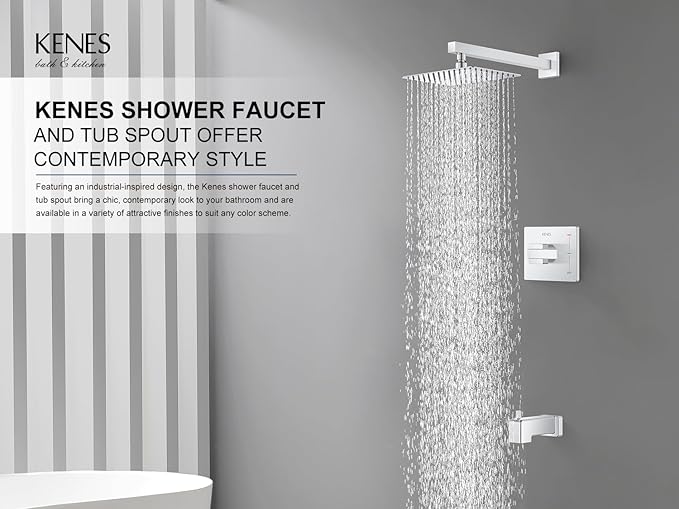 KENES Polished Chrome Tub and Shower Trim Kit, Shower Faucet with 8-Inch Rain Shower Head, Modern Single-Spray Shower Faucet Set, KE-6024A-5 (Shower Valve Included)