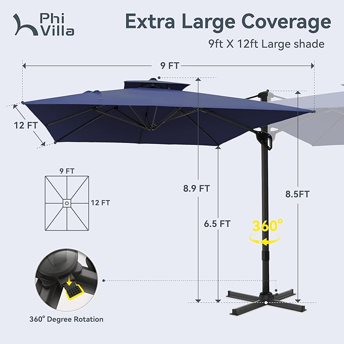 PHI VILLA 9' X 12' Cantilever Patio Umbrella, Outdoor Large Rectangular Umbrellas with 360°Rotation, Heavy Duty Hydraulic Double Umbrella Windproof for Outside, Navy Blue