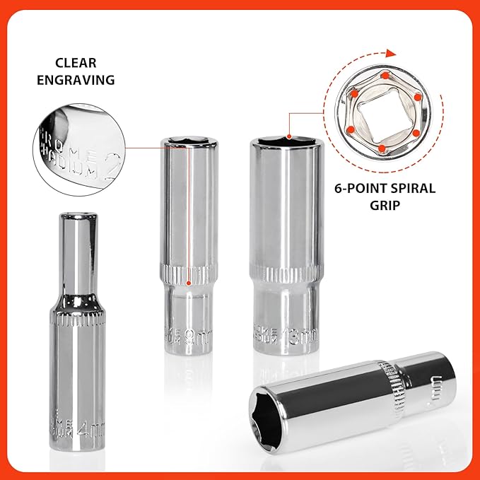 Egofine 10PCS 1/4” Drive Deep Socket Set,Metric Socket Set(4-13mm,6 Point Socket Set With Hanging Bracket,Cr-V Steel