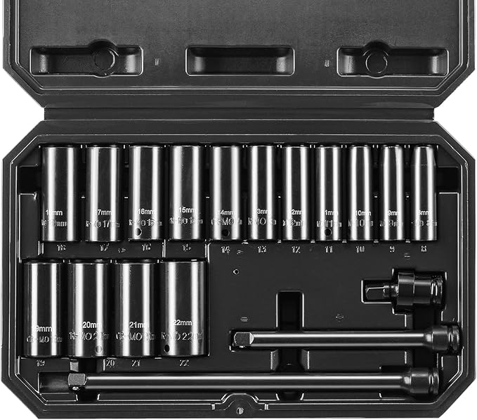 VEVOR Drive Impact Socket Set 3/8" - 18 Piece Deep Socket Set Metric 8-22mm - 6 Point CR-V Alloy Steel for Auto Repair - Easy-to-Read Size Markings - Rugged Construction Includes Storage Case