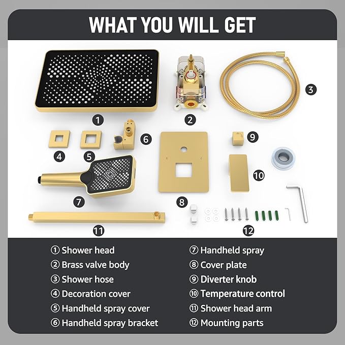 Iriber Gold Shower System Wall Mount with Rainfall Shower Head and Handheld,Shower Faucet Set Mixer Trim Kit (Valve Included),Brushed Gold