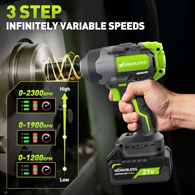 1/2 Impact Gun, 1200Nm (885Ft-lbs) High Torque Brushless, Cordless Impact Wrench with 20V 4Ah Battery, 3-Speed, 4 Cr-V Sockets, LED Light, Variable Speeds, Electric Wrench for Car Tire, Mower Lug Nut