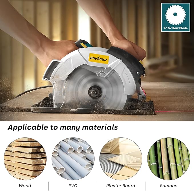 Enventor 7-1/4-Inch Circular Saw, 10A Pure Copper Motor Electric Circular Saws with Laser Guide, 2 Blade Saws (40T/24T), Adjust Cutting Angle from 0° to 90°, Single Handed Bevel, 5800RPM, Blue