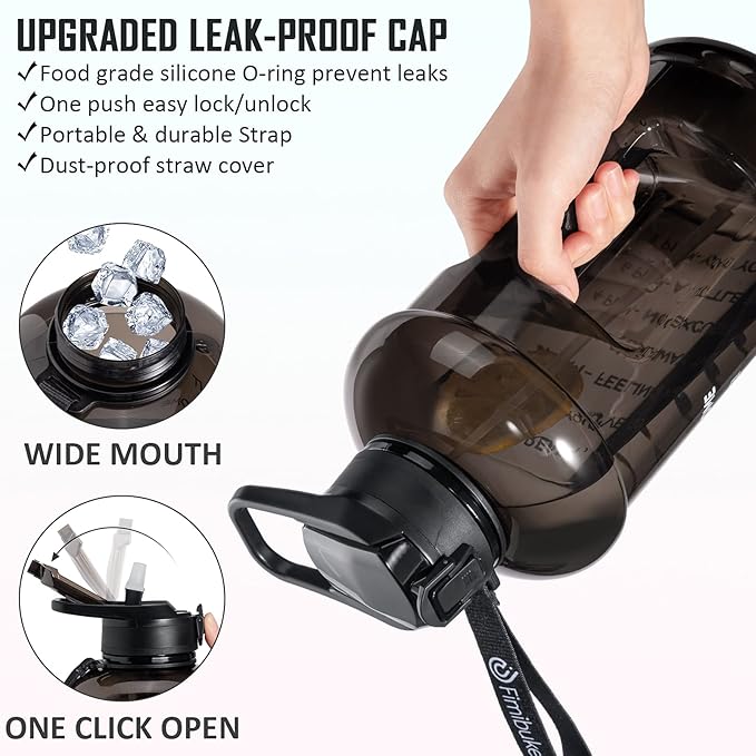 Fimibuke Half Gallon Water Bottle with Sleeve 64 OZ Water Bottle with Handle & Straw Leakproof Motivational Sports Gym Water Bottle with Time Marker BPA Free Water Jug with Reusable Neoprene Holder