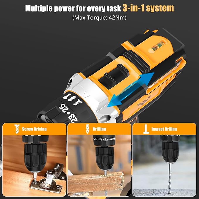 Cordless Drill Set 21V, Electric Screwdriver with 2 Batteries 2000mAh, 25+3 Torque Cordless Hammer Drill, 2-Speed, 42N.m Max, LED Work Light