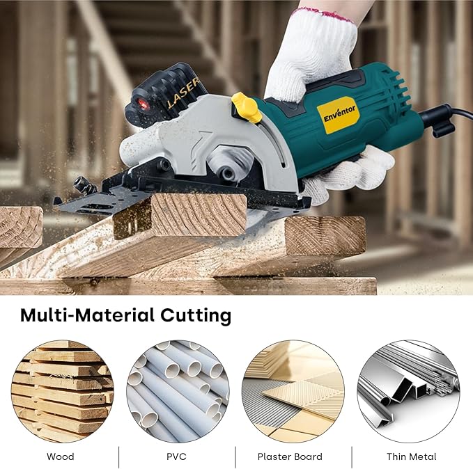 Enventor Mini Circular Saw, 4.8A Electric Circular Saws Corded with Laser Guide, 4000RPM, 3 Saw Blades 3-3/8" Max Cutting Depth 1-1/16", Compact, Power for Wood, Soft Metal, Tile, Plastic