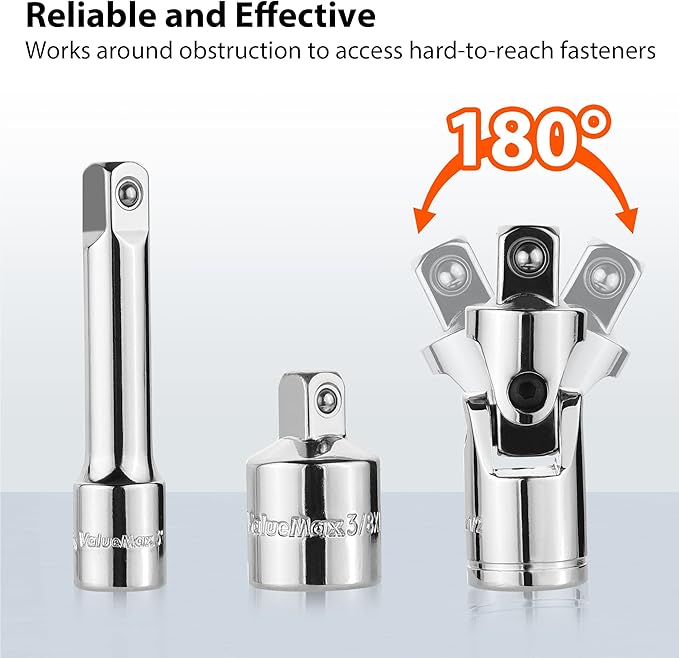 VALUEMAX 9 PCS Socket Accessory Set, Includes 3/8" Drive Extension Bar Set, 1/4", 3/8" & 1/2" Drive Universal Joints and Adapters, Chrome Vanadium Steel with Mirror Finish, Chrome Plated