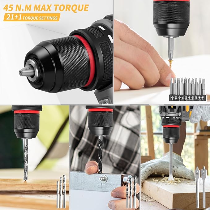 QUDODO Brushless Compact Drill Tool Set, 120PCS 45N. m 18V Cordless Drill Kit with 2 Battery, Woman Household Tool Kit with Electric Driver, Taladro Set with Inalámbrico for Daily Home Basic Repair