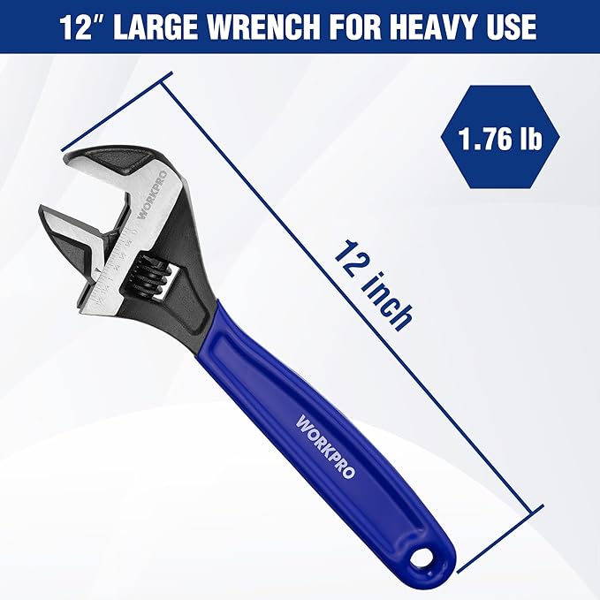 WORKPRO 12-Inch Adjustable Wrench, Wide Jaw Black Oxide Cr-V Steel Wrench, Metric & SAE Scales, for Home, Garage, Workshop and DIY