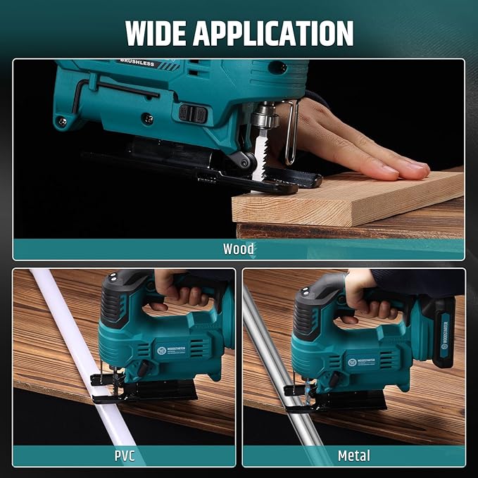 Cordless Jig Saw with Brushless Motor, 3 Adjustable Speed Settings, 45°-90° Cutting Angle, Compatible with T-Shaped Blades, Includes Dust Blowing Feature(With Battery and Charger)