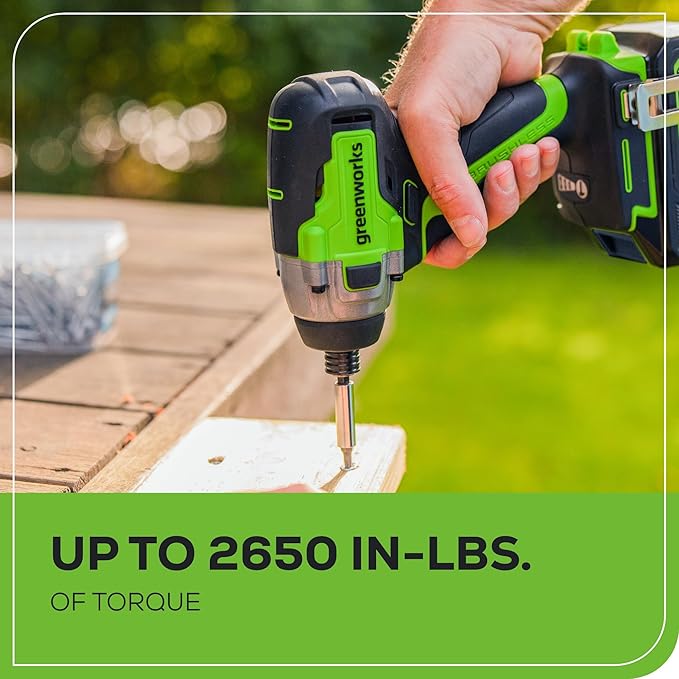 Greenworks 24V Brushless Cordless Impact Driver Kit, 2650 in./lbs Torque 1/4-inch Hex, Variable Speed Impact Drill/Driver Set, Included (2) USB (Power Bank) Batteries and Dual Port Charger, Bits