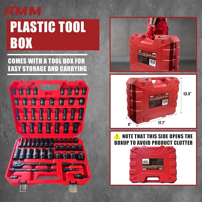 AMM 1/2-inch 66 Pieces Impact Socket Master Set, SAE & Metric from 5/16"-1-1/4",8-24mm, Shallow/Deep Socket Set with Ratched Hand, Extension Bar and Adapters,Cr-V steel