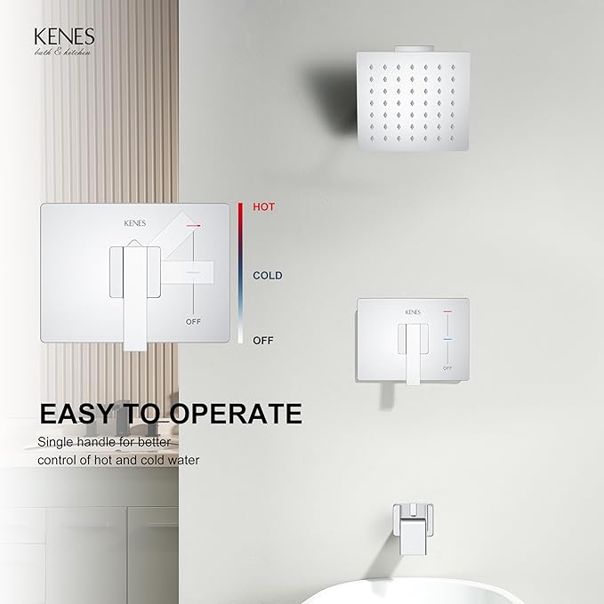 KENES Polished Chrome Tub and Shower Trim Kit, Modern Shower Faucet with Single-Spray Square Stainless Rain Shower Head, Shower Trim Chrome, KE-6025A-5 (Shower Valve Included)