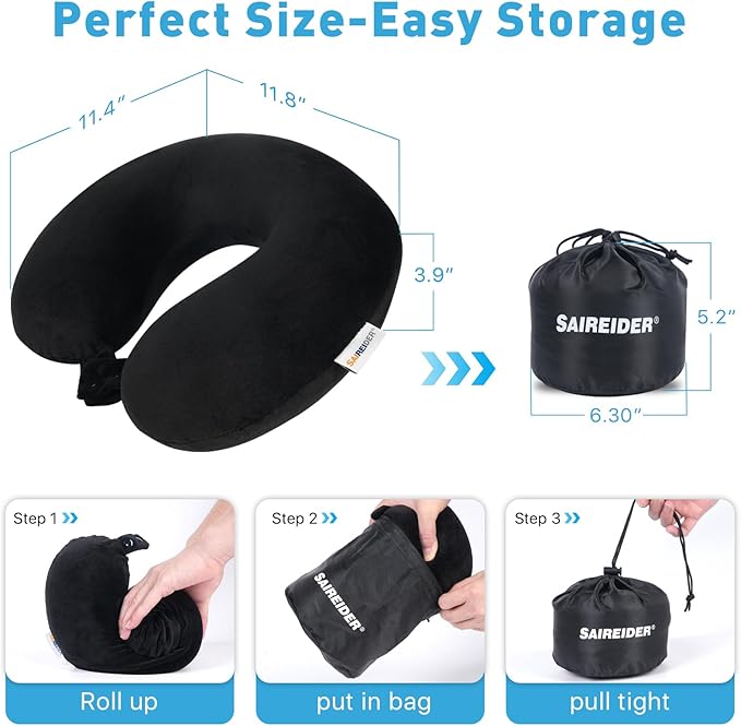 SAIREIDER Travel Pillow 100% Pure Memory Foam Travel Neck Pillow with Storage Bag, Airplane Pillow for Traveling、Car、Home、Office,Washable Cover(Black)