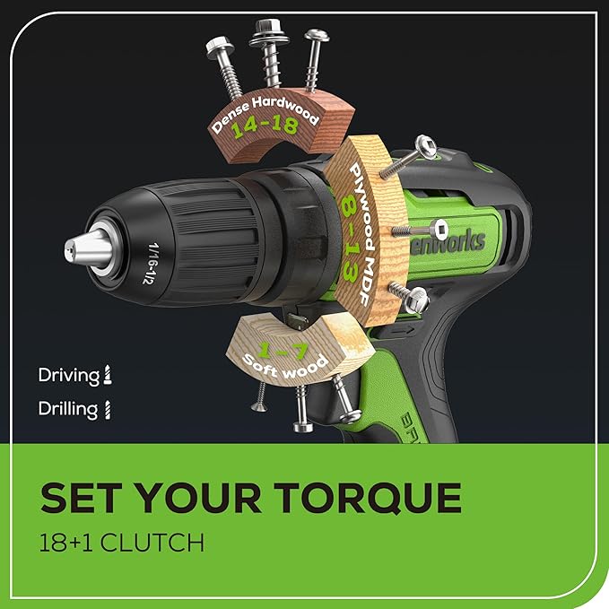 Greenworks 24V Brushless Cordless Drill Kit, 310 in./lbs, 18+1 Position Clutch, 1/2 '' Keyless Chuck, Variable Speed, Battery With 2A Charger, LED Light