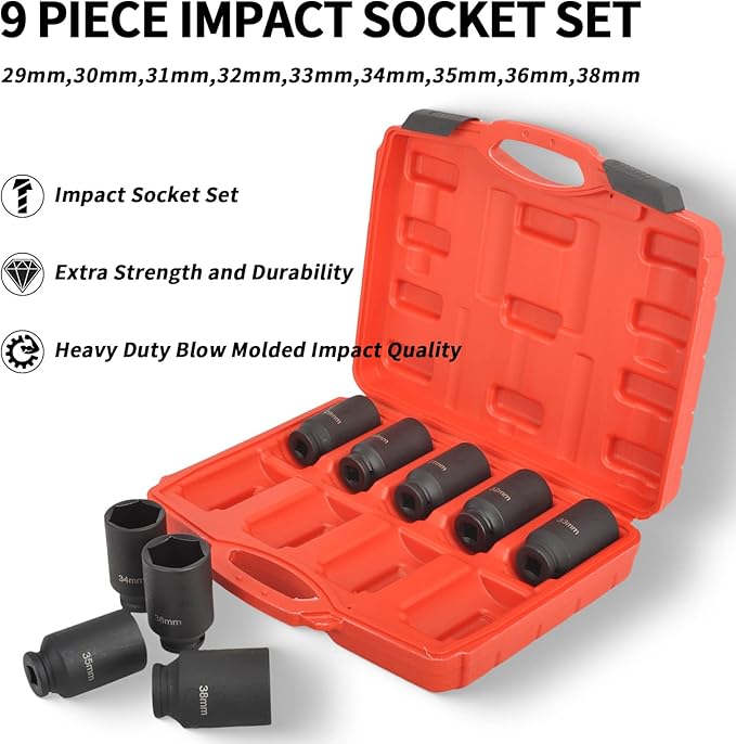 9Pcs 1/2 Inch Drive Deep Impact Socket Set 6 Point Metric 29-38mm Drive Spindle Axle Hub Nut Socket Set, Heavy Duty with Portable Storage Case, Use In Removing And Installing Axle Nuts