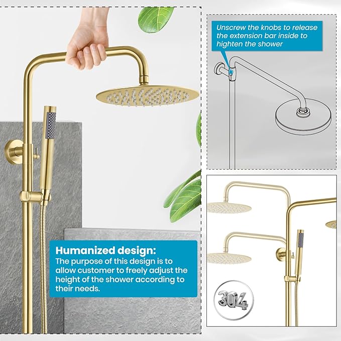 gotonovo Outdoor Shower Fixtures SUS304 Stainless Steel Rain Shower Kit Faucet High Pressure Wall Mount 2 Dual Function 8 Inch Showerhead and Handheld Spray Combo, Single Handle, Brushed Gold