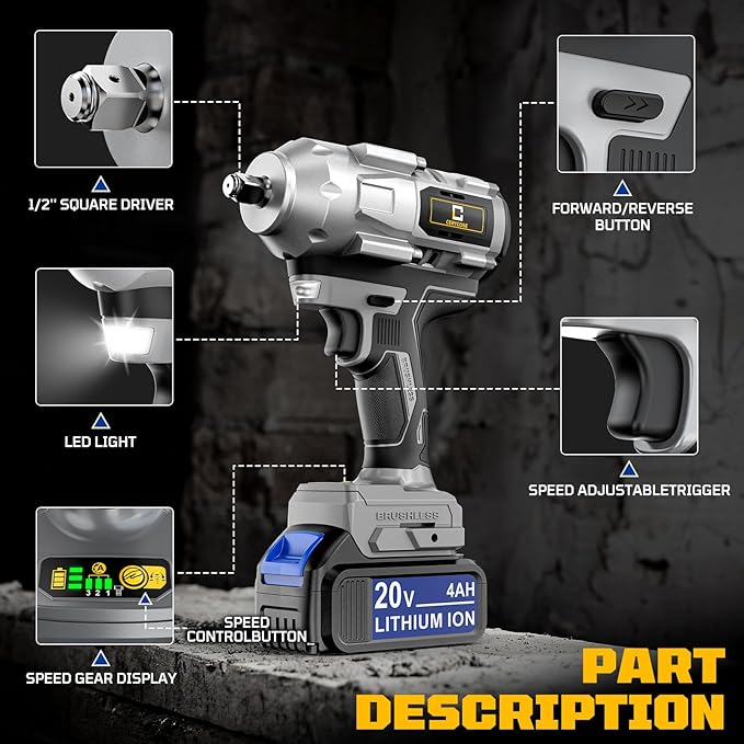 Cordless Impact Wrench 1/2 inch for DeWalt 20V Battery, 900Ft-lbs Brushless High Torque Impact Gun with 2x5.0AH Battery