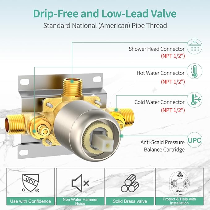 SR SUN RISE Shower System with Handheld Shower and Rain Shower Combo Set High Pressure 5-spray Dual 2 in 1 Shower Faucet Patented 3-way Diverter Brushed Nickel (Valve Include)