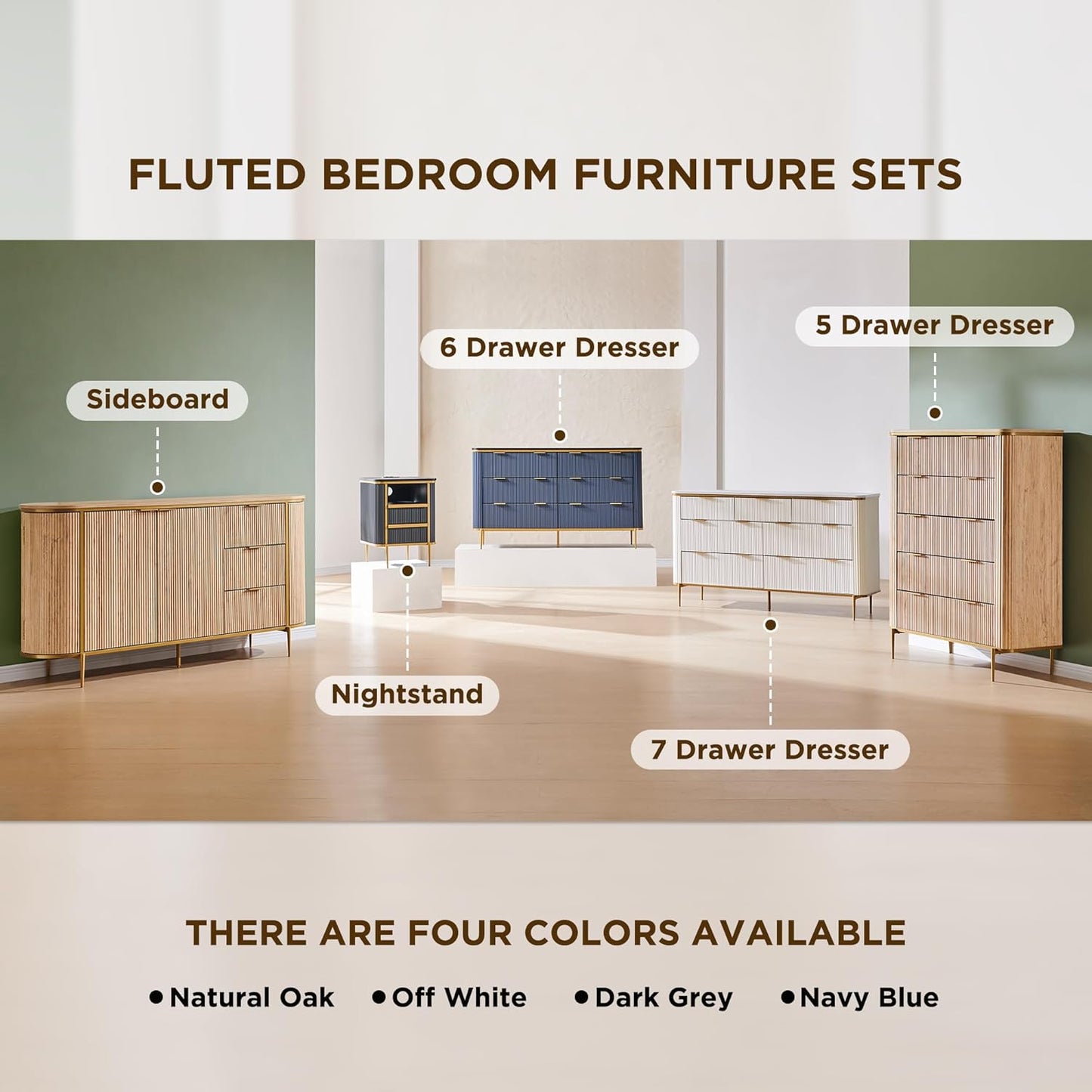 T4TREAM Fluted 5 Drawers Dresser for Bedroom, 48" Tall Modern Dresser Chest of Drawers, Gold Accents, Fluted Fronts, Wood Storage Dressers Organizer for Bedroom, Living Room, Dark Grey