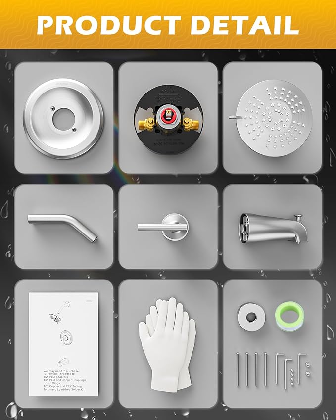 WOWOW Brushed Nickel Shower Tub Kit Brass Shower Faucet Set with Tub Spout and 6-Inch Rain Shower Head, Single Handle Tub and Shower Trim Kit, Shower Valve Include