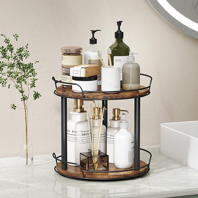 LAMU 12.2'' Wood Lazy Susan Turntable Organizer for Cabinet, 2 Tier Lazy Susan Spice Rack Organizer for Kitchen, Table Top, Countertop, Pantry, Bathroom