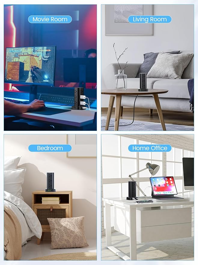 Flat Plug Power Strip Tower Surge Protector, 10FT Flat Extension Cord with Multiple Outlets, 12 AC Outlets, 4 USB Ports (2 USB C) Charging Station for Office Home Dorm Room Travel (Black)