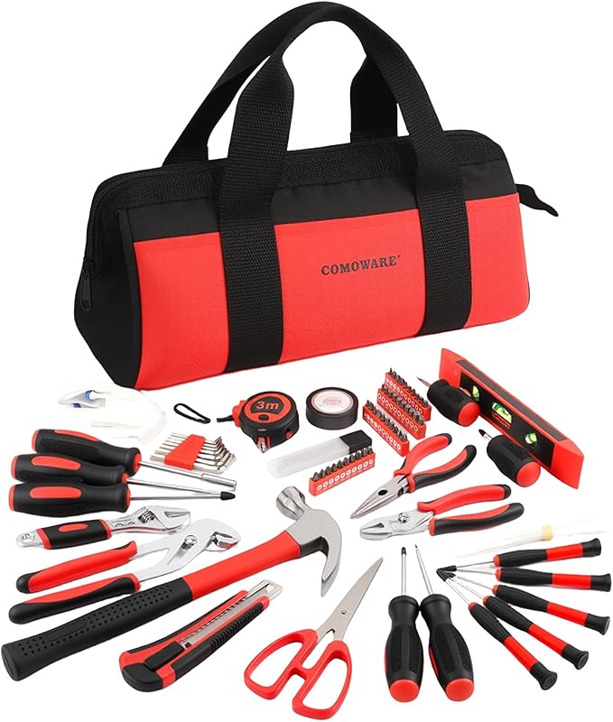 COMOWARE 218 Pcs Home Tool Kit - Basic Household Hand Tool Set, Truck Tool Kit Socket Wrench Combination Tool Set for Home with Plastic Toolbox Storage Case, Rv tool set,Red