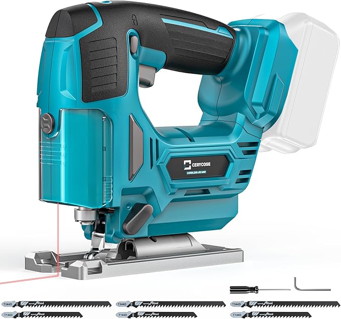 Jig Saw Compatible with Makita 18V Battery, Laser Guide Cordless Jigsaw Tool, 3000RPM Brushless Motor, Variable Speed, 45° Bevel Angle Cut, LED Light, 3 Orbital Sets, 6PCS Blades (No Battery)