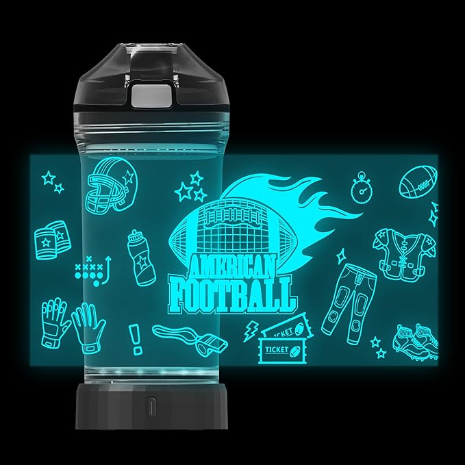 Kids Sports Water Bottles, Football 3D Glowing Drink Bottle with Led Light -Tritan BPA Free & Easy Clean & Carry Handle, 14oz, Football Gifts for Birthday, Christmas