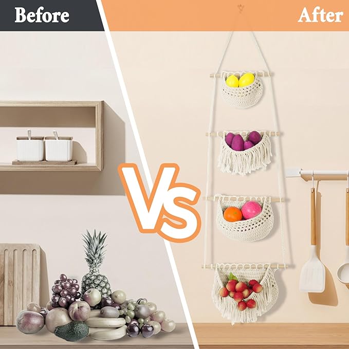 4 Tier Hanging Fruit Basket for Kitchen, Beige Boho Cotton Rope Crocheted Fruit Holder for Bathroom Bedroom, Detachable Wall Hanging Basket Shelves Over Door Organizer for Fruits Veggie Plant Decor