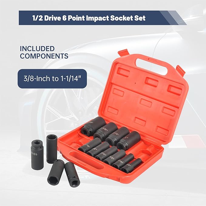 1/2" Drive 6 Point Deep Impact Socket Set 14 Piece 6 Point Impact Set Standard Impact Socket Set,SAE Sizes,CR-V(3/8-Inch to 1-1/14")