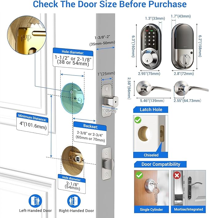 Veise RZ07B Smart Locks for Front Door, 2 Lever Handles, Fingerprint Keyless Entry, App Control Biometric Door Lock Set, Touchscreen Keypad Deadbolt, Easy Install, Auto Locking, Satin Nickel