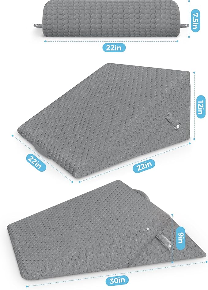 Forias Wedge Pillows Set for After Surgery Foldable Bed Wedge Pillow for Sleeping Adjustable 9&12 Inch Triangle Pillow Wedge with Half-Moon Pillow for Post Surgery Acid Reflux Gerd Snoring - Gray