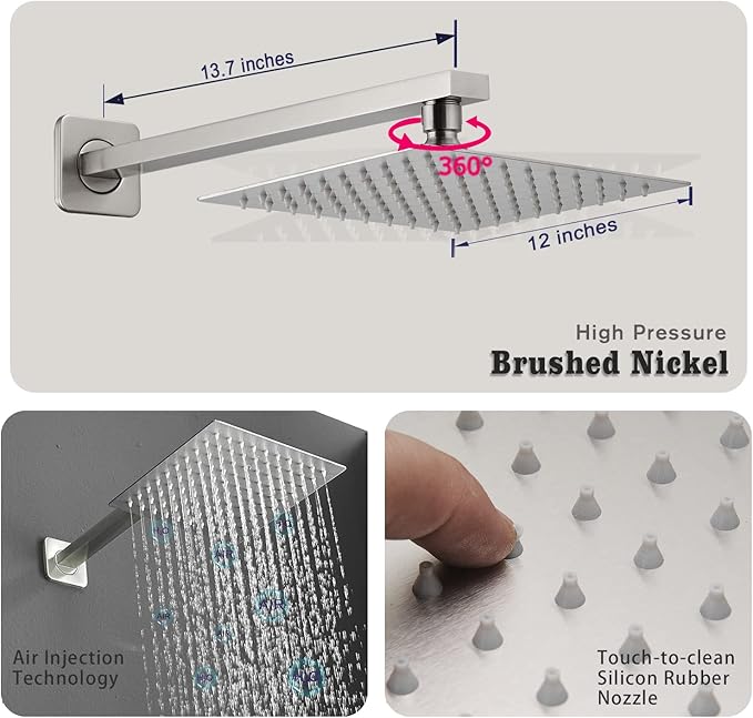 Shower Faucet Combo Set with Shower Spray Wand Large 12 Inch Shower Head Brushed Nickel Surface High Pressure with Rough-in Valve, Brushed Nickel