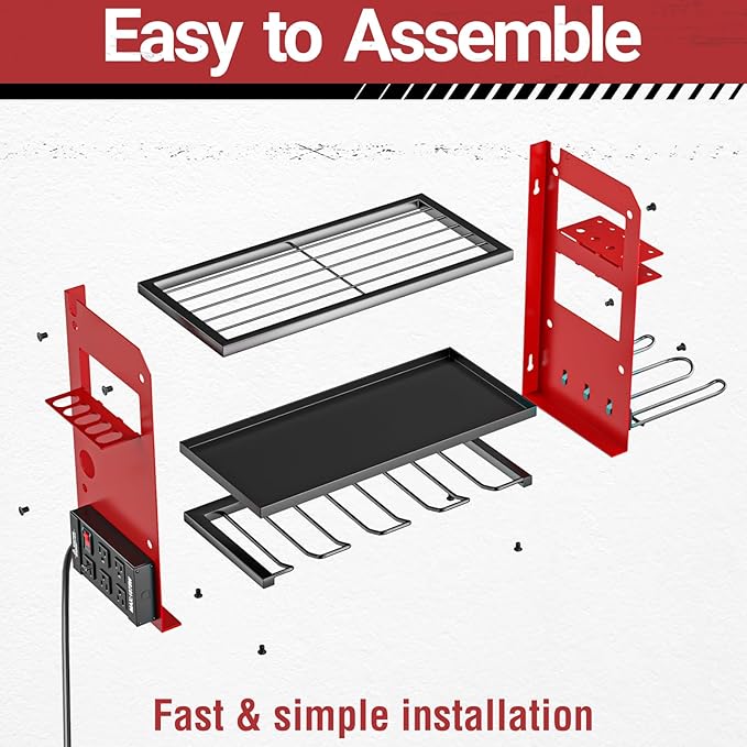 YYR Power Tool Organizer Wall Mount with Charging Station, Cordless Tools Hanger and Battery Storage Rack for Garage Organization, Heavy Duty Drill Holder Shelf Build in Metal Power Strip - Red