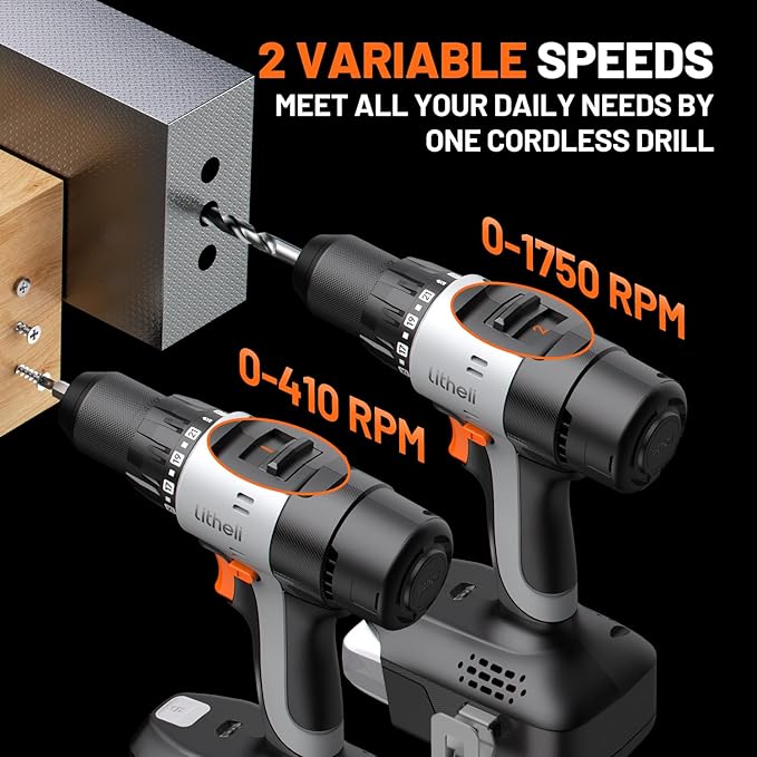 Litheli Cordless Drill Driver, Electric Power Drill with 2 Variable Speed Settings, 1/2 Inch Keyless Chuck, 21+1 Clutch Settings with Maximum Torque of 443 In-lbs (Battery and Charger not Included)