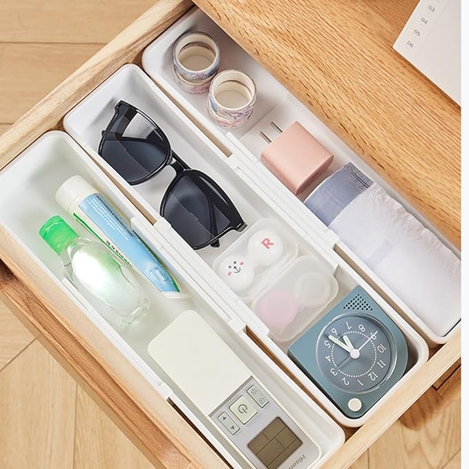 Drawer Organizers Set,Expandable Drawer Organizer Trays,Drawer Organizer Bins for Bedroom,Bathroom, Kitchen, Office (White,4pack)