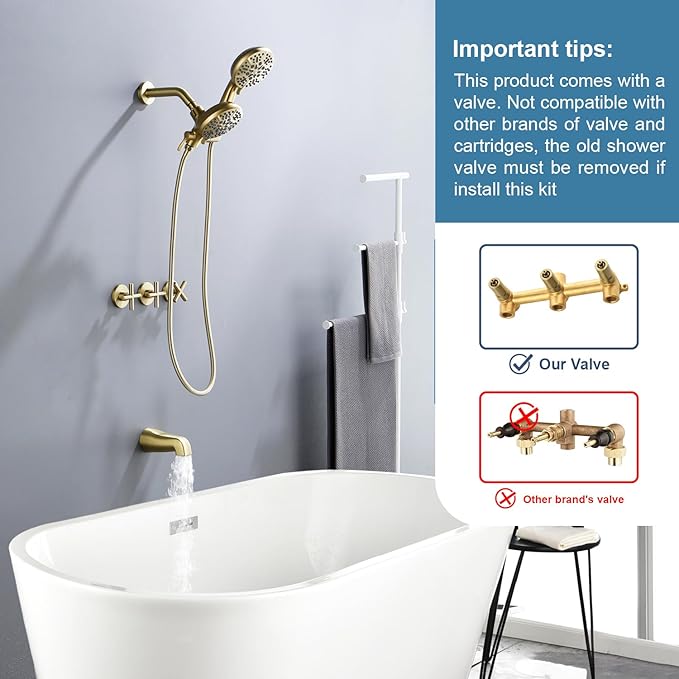 3 Handle Shower Faucet Set with Tub Spout Bathtub Shower Faucet Combo Set Shower System Complete Tub and Shower Trim Kit Shower Fixture Brushed Gold