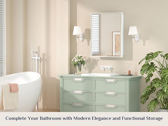 Keonjinn 21" x 27" White Medicine Cabinet with Mirror, Recessed or Surface Wall-Mounted Aluminum Alloy Framed Beveled Mirror, Single Door Farmhouse Bathroom Cabinet with Storage