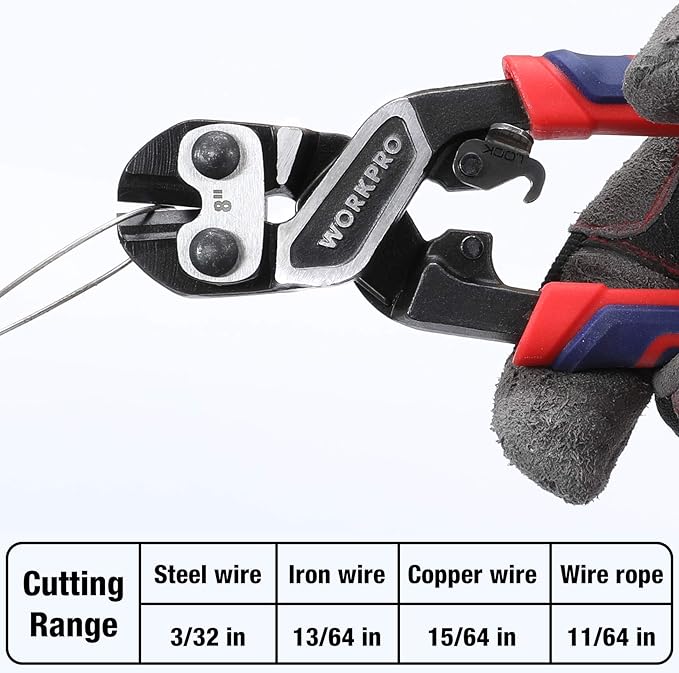 WORKPRO 8" Mini Bolt Cutter, Heavy Duty Wire Cutters with Ergonomic Handle and Security Lock, High Hardness and High Leverage Steel Bolt Cutters, Chrome Molybdenum Steel Blade