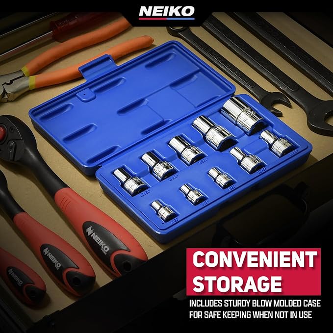 Neiko 02473A External Torx Plus Socket Set,10 Piece | 1/4-Inch EP6 - EP8, 3/8-Inch EP10 - EP16, 1/2-Inch Square Drive EP18 and EP24 | CR-V Steel