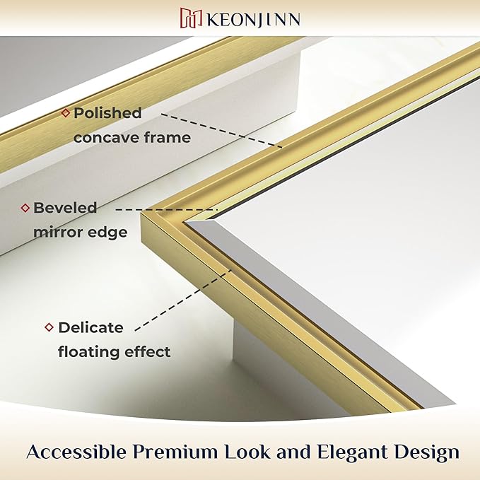 Keonjinn 21" x 27" Gold Medicine Cabinets with Mirror for Bathroom, Recessed or Surface Wall-Mounted Aluminum Alloy Framed Beveled Mirror, Single Door Farmhouse Bathroom Mirror with Storage Cabinet