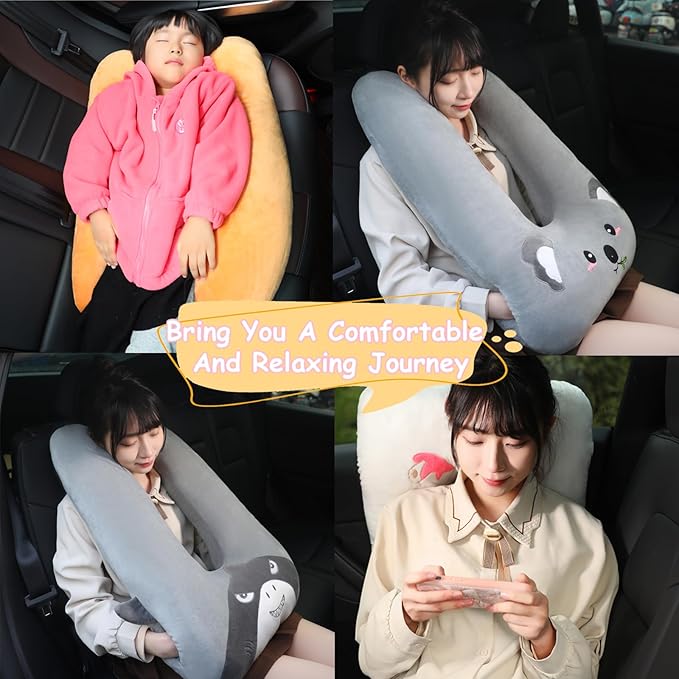 Kids Travel Pillow for Car Seat with Hand Muff, Strawberry Cartoon Neck & Headrest Seat Belt Pillow for Car Road Trips Long-Distance Travel Sleeping Pillow for Adults and Children, Cow