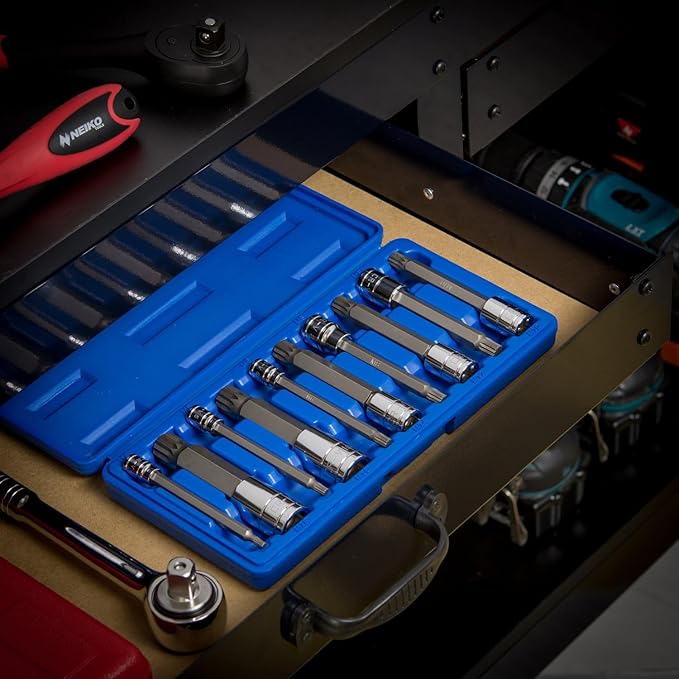 NEIKO 10054A XZN Triple Square Spline Bit Socket Set | Extra Long 4” | 4mm to 18mm | 10-Piece Set | S2 and Cr-V Steel