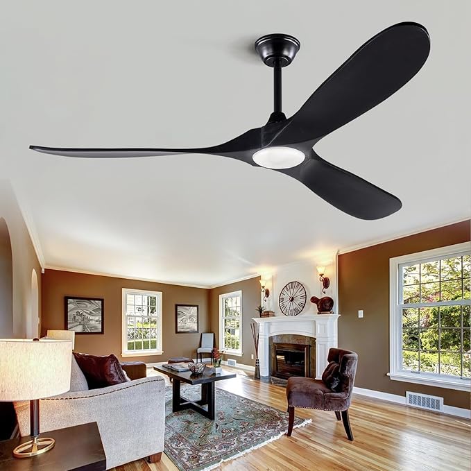 BOJUE 60 Inch Ceiling Fan with Lights Indoor Outdoor Black Ceiling Fan 3 Wooden Blades Remote Control with Light Modern Ceiling Fan for Porch Living Room Bedroom