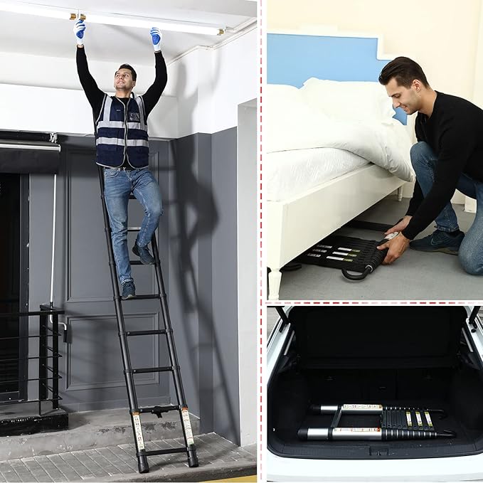 Telescopic Ladder, 16.5FT RIKADE Aluminum Telescoping Ladder with Stable Hook and Non-Slip Feet, Portable Extension Ladder for Household and Outdoor 330lb Capacity